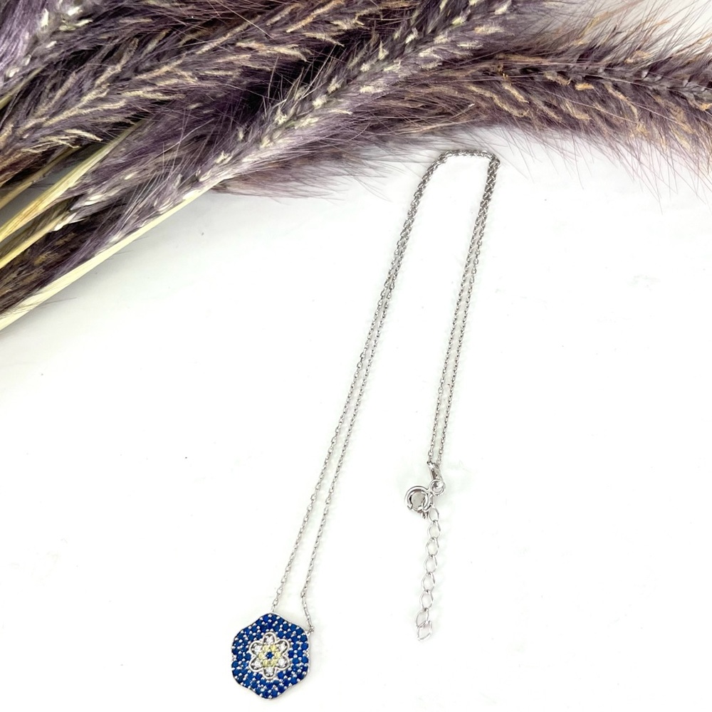 FLOWER Dainty 925 Sterling Silver Blue Clear Rhinestone Adjustable Necklace